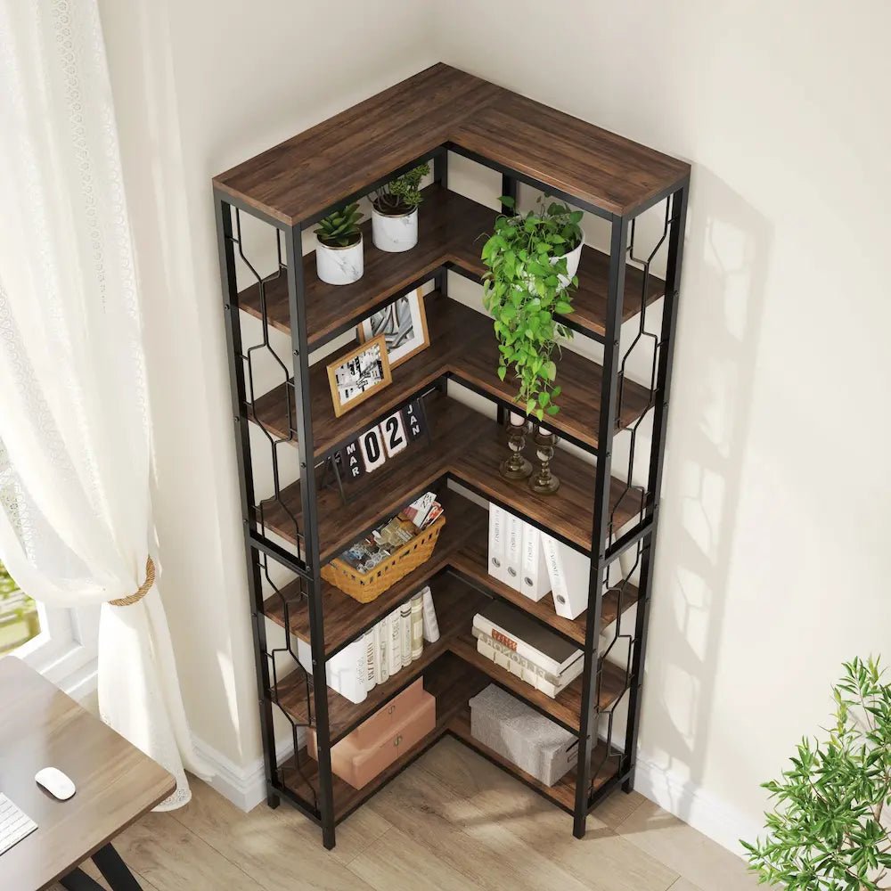 Bibliothèque d'angle 7 niveaux bois foncé - métal noir - coin salon | Romanyse