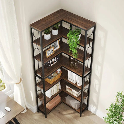 Bibliothèque d'angle 7 niveaux bois foncé - métal noir - coin salon | Romanyse