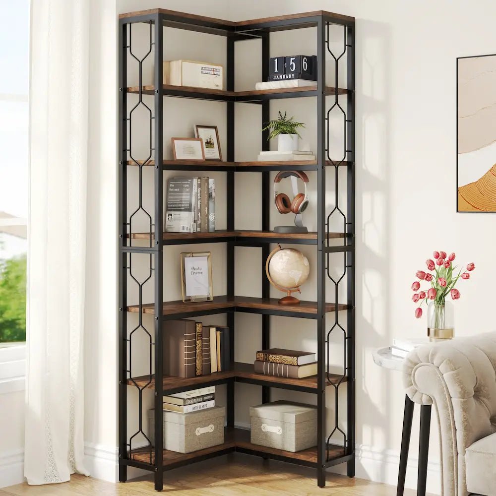 Bibliothèque d'angle 7 niveaux bois rustique foncé - 200 cm - anti-basculement | Romanyse
