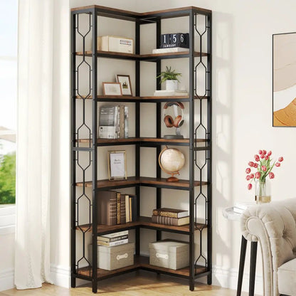 Bibliothèque d'angle 7 niveaux bois rustique foncé - 200 cm - anti-basculement | Romanyse