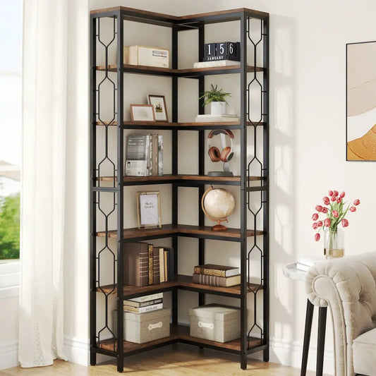 Bibliothèque d'angle 7 niveaux bois rustique foncé - 200 cm - anti-basculement | Romanyse