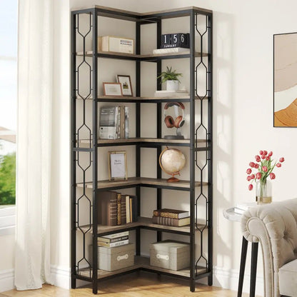Bibliothèque d'angle 7 niveaux bois rustique et métal noir - 200 cm - salon | Romanyse