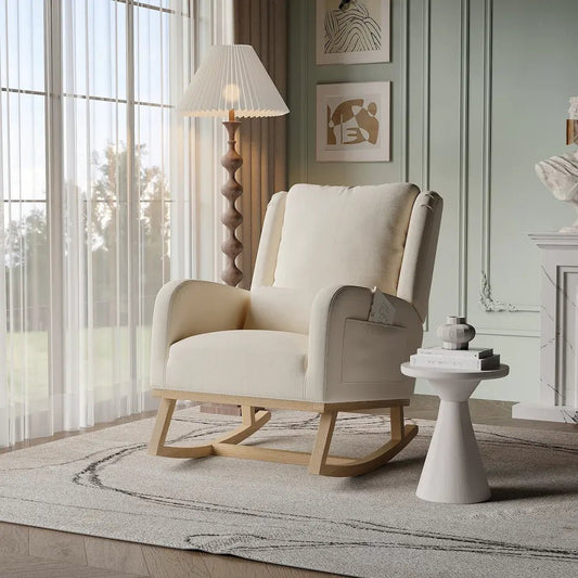 Fauteuil à bascule Confort+ beige - 2 poches latérales - pieds bois massif | Romanyse