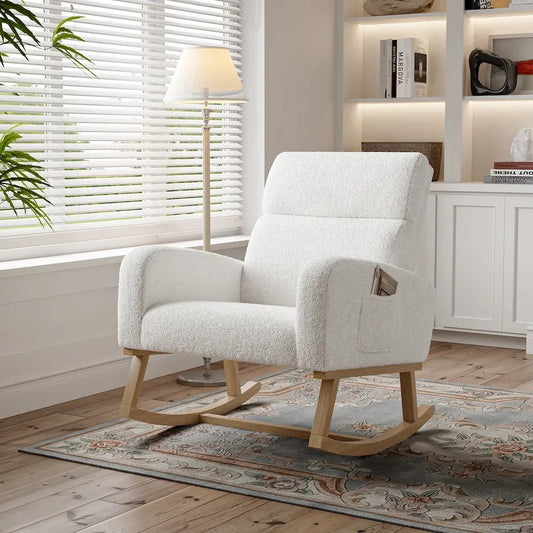Fauteuil à bascule large blanc teddy - 2 poches latérales - pieds bois massif | Romanyse