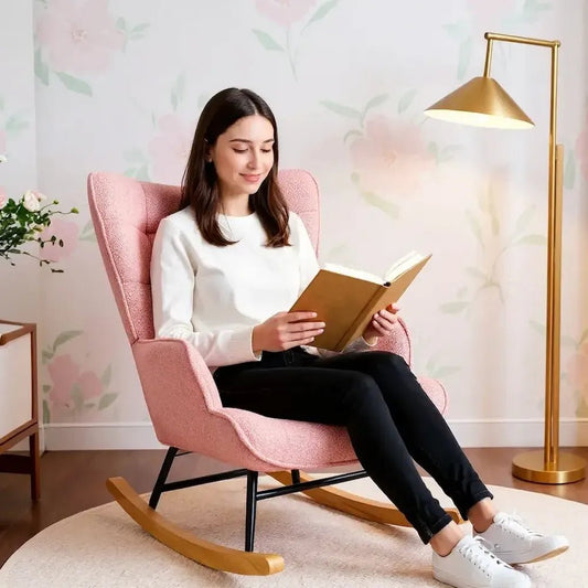 Femme lisant dans fauteuil à bascule Teddy cocooning rose - bascule silencieuse | Romanyse