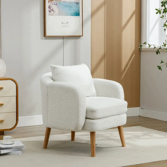 Fauteuil teddy velours XL blanc - coussin lombaire inclus - pieds bois | Romanyse