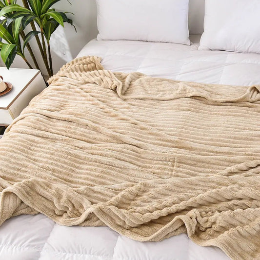 Plaid flanelle beige ultra-doux - texture rayures | Romanyse